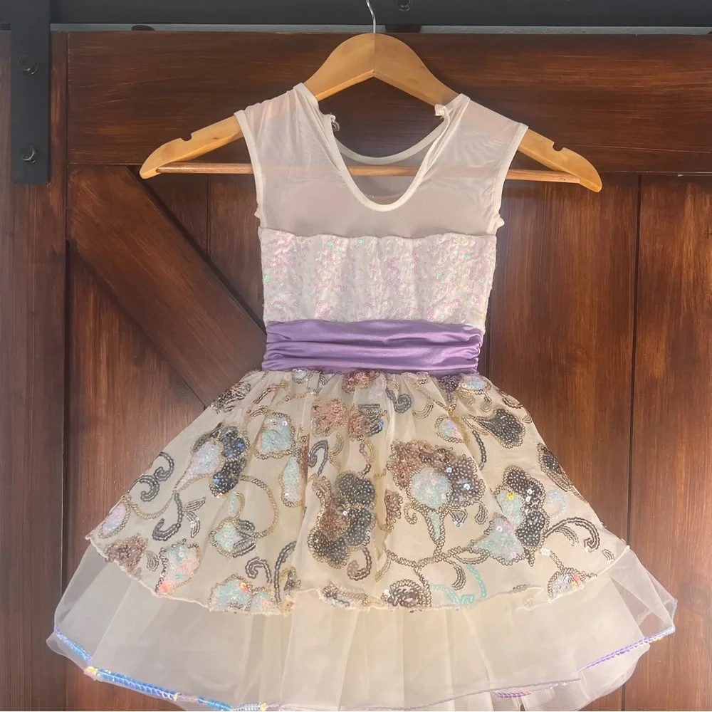 Weissman Dance Tutu Costume Girls SC Cream and Purple Floral Dress‎ Leotard
